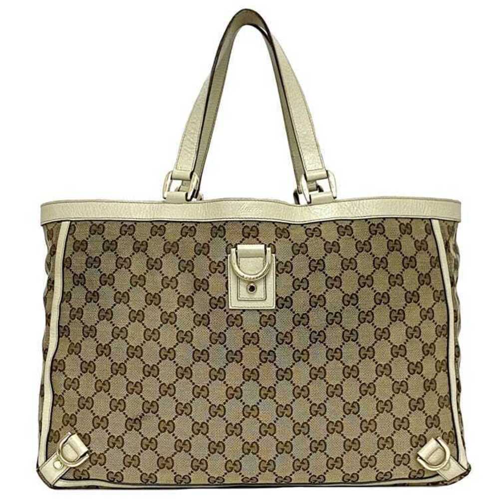 Gucci Tote Bag Beige Cream Abbey GG Canvas Leather Logo All over Retro Business